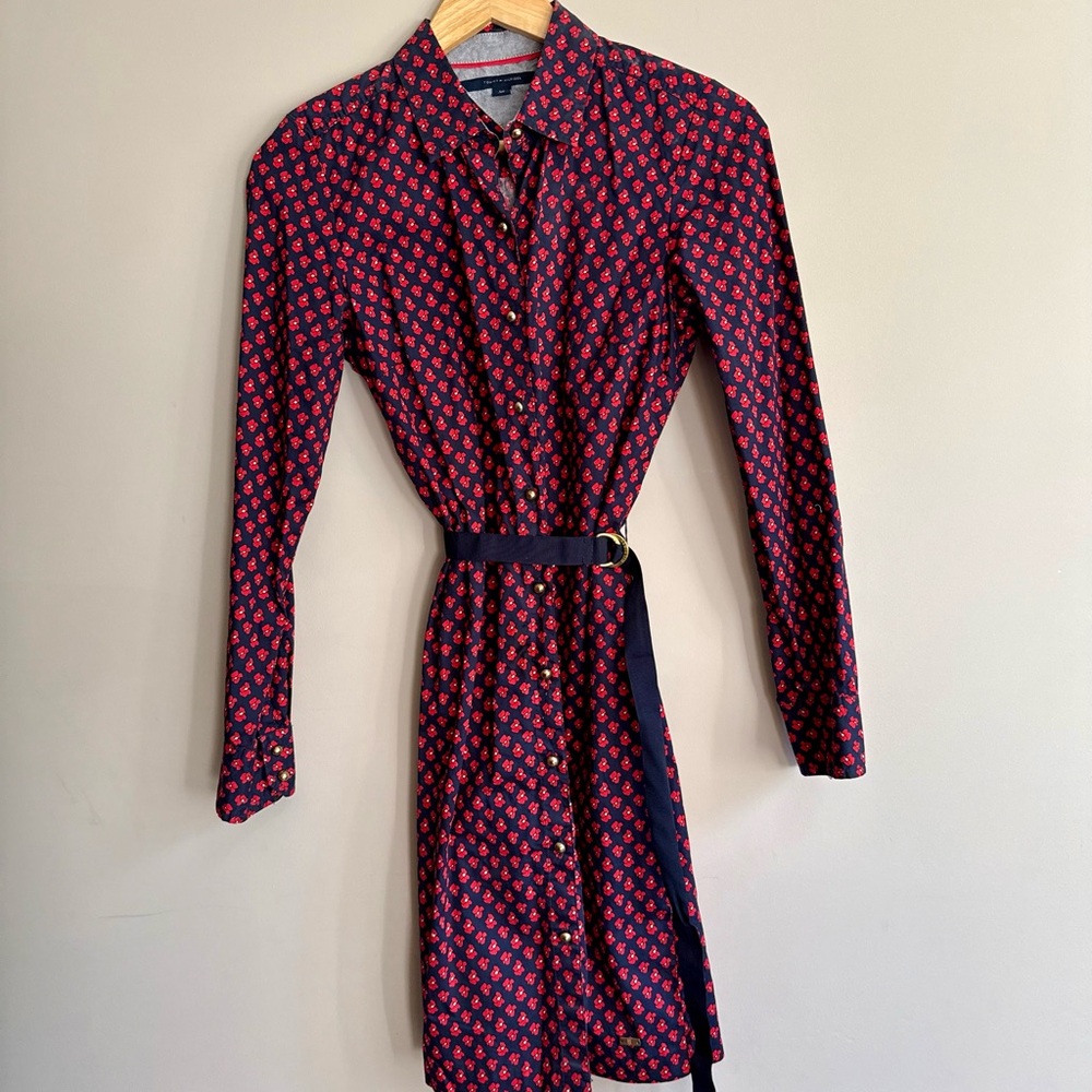 Tommy Hilfiger Red and Navy Long Sleeve Dress 100% Cotton